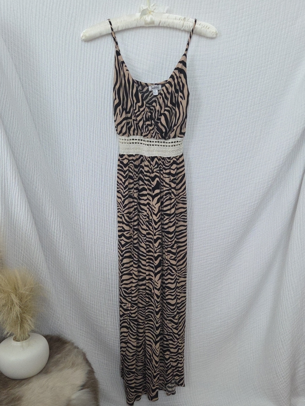 Beige & Black Zebra-Print Spaghetti Strap Jumpsuit